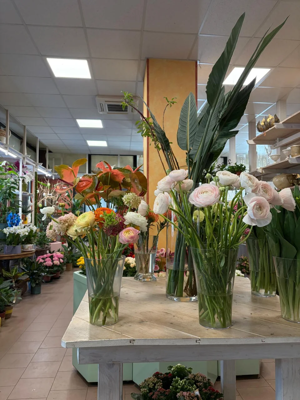 Fiori recisi sul banco e vista del negozio